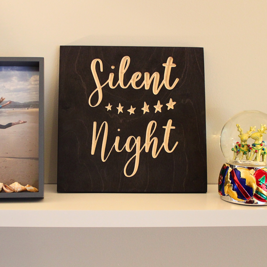 Silent Night Carved Wooden Sign on Shelf