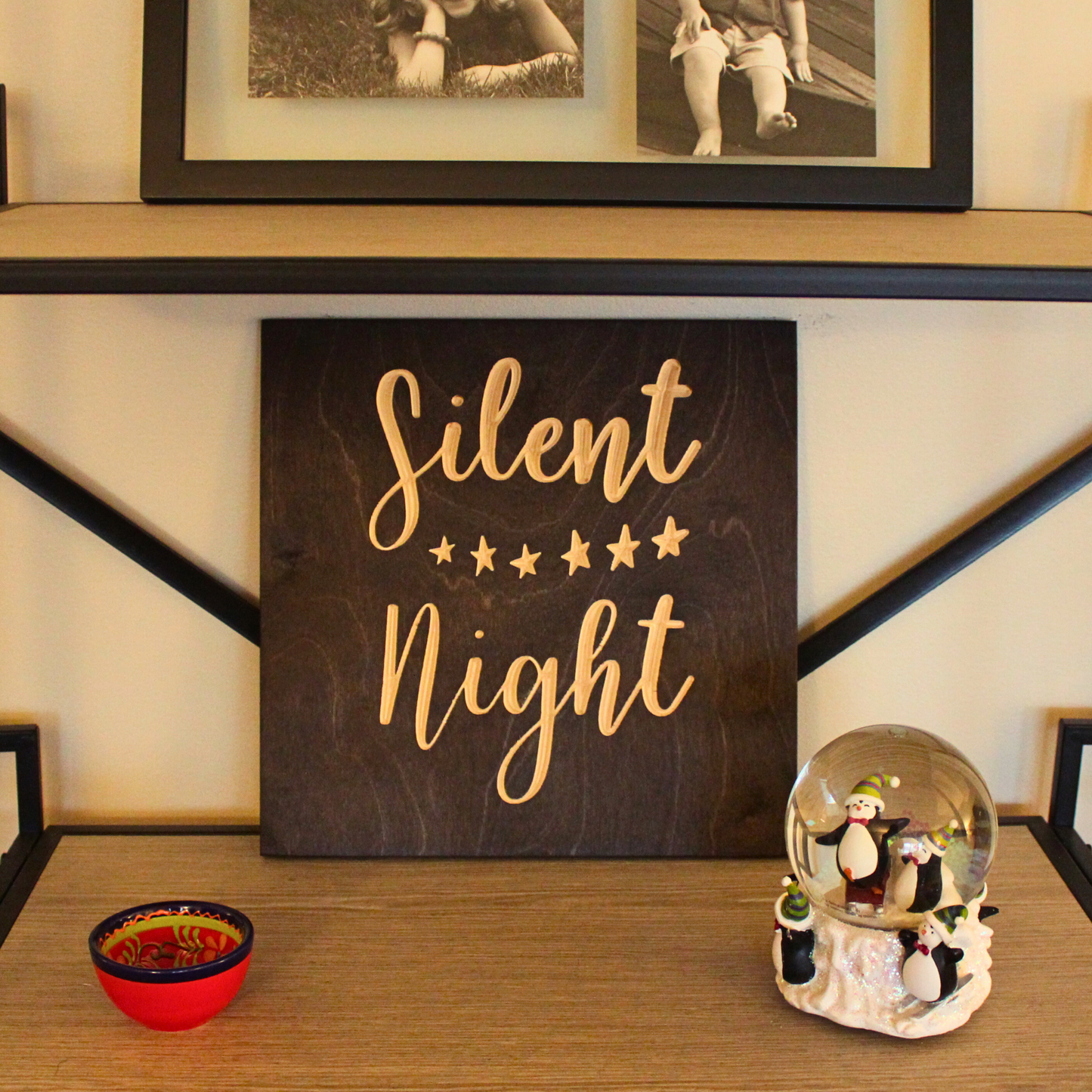 Silent Night Carved Wooden Sign on Holiday Shelf