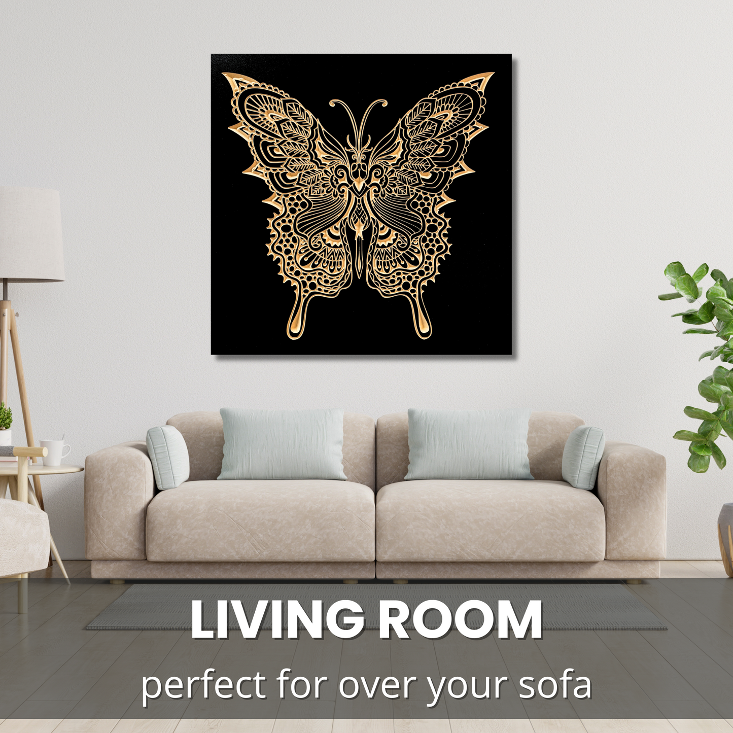 Butterfly Mandala Wood Wall Art over sofa