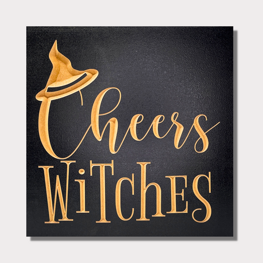 Cheers Witches Carved Wooden Halloween Sign