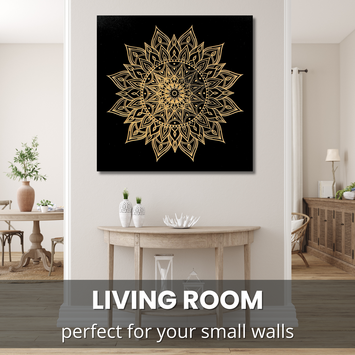 Fireside Mandala Wood Wall Art on Small Wall