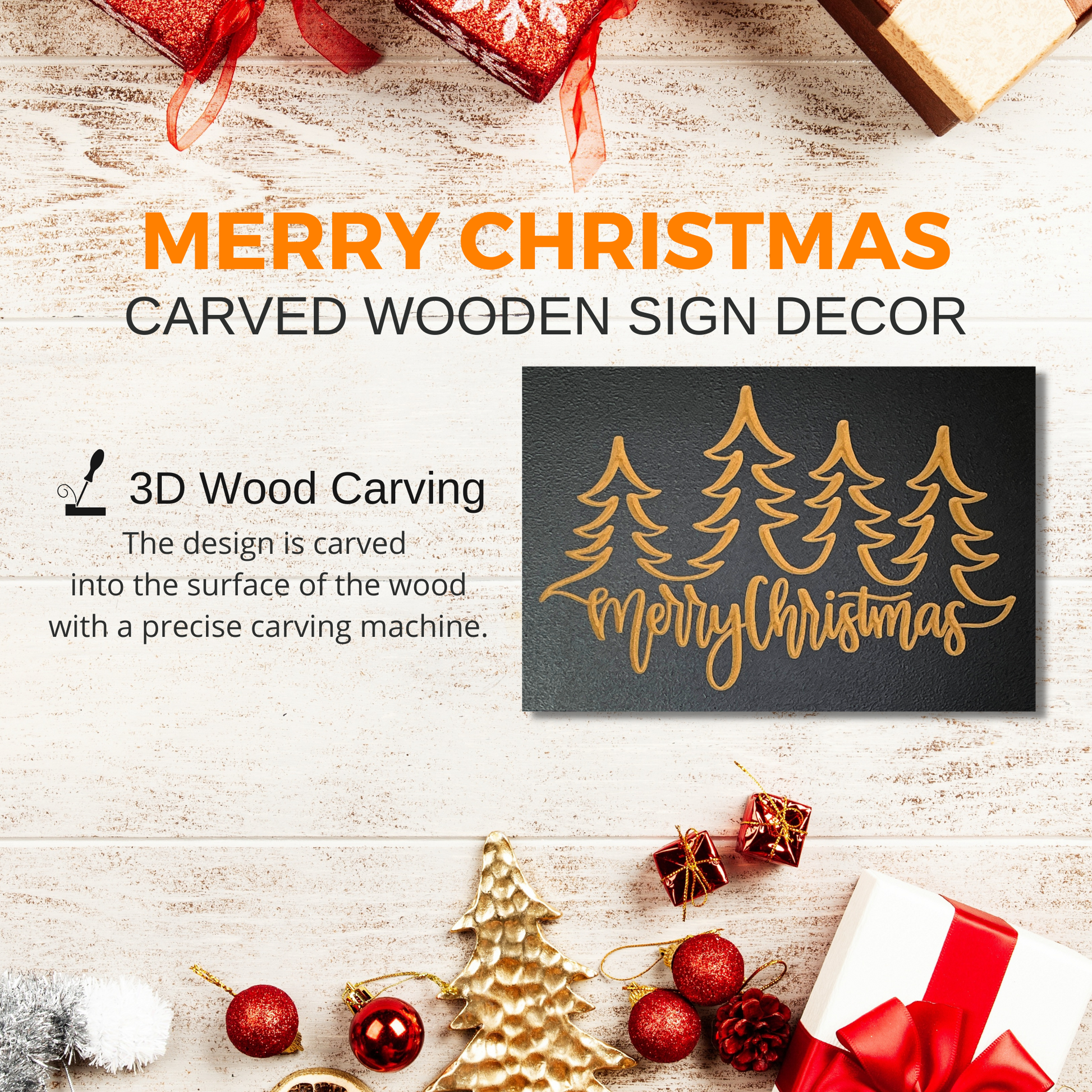 Merry Christmas Nature Carved Wooden Christmas 3D Decor
