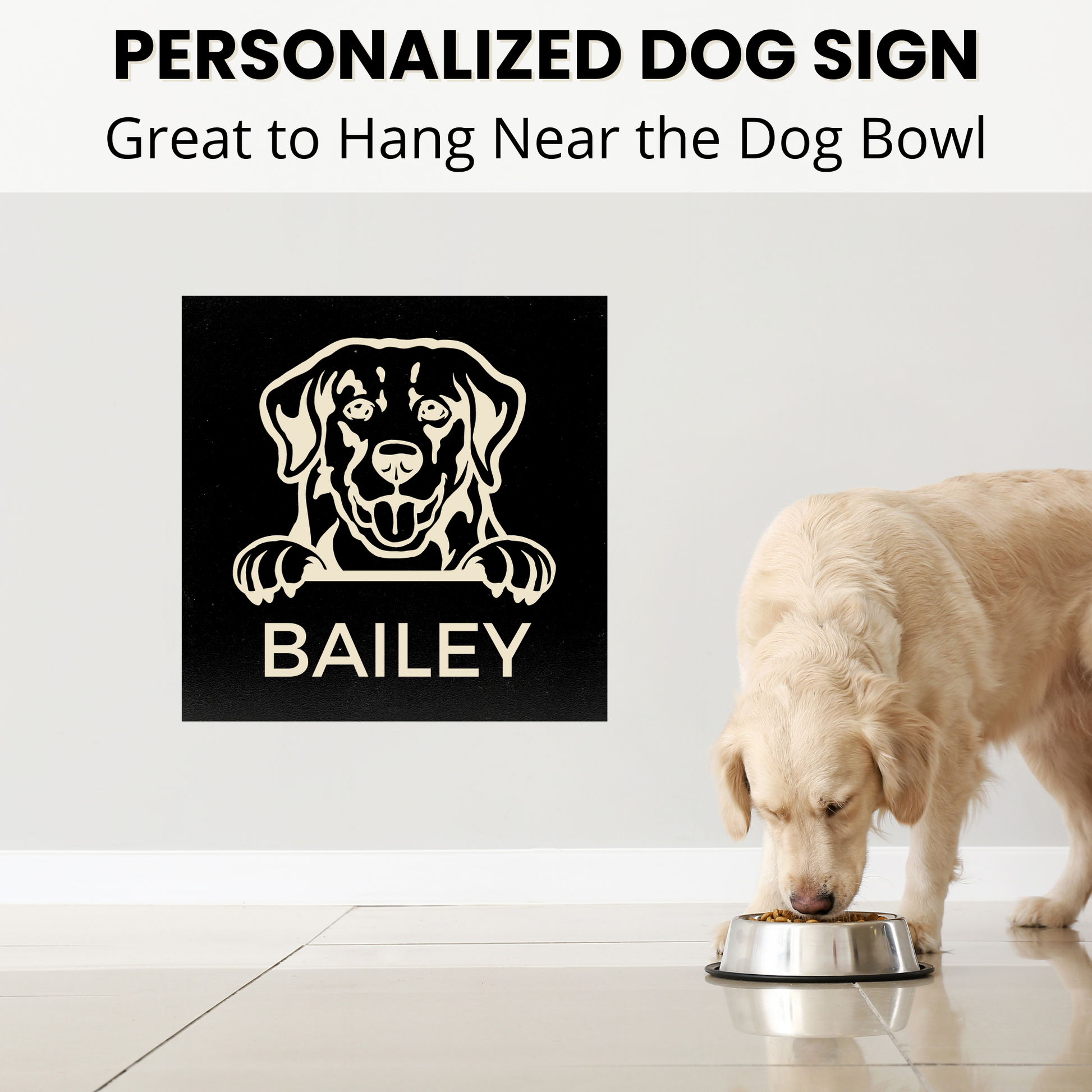 Personalized Carved Wooden Dog Sign near Dog Bowl