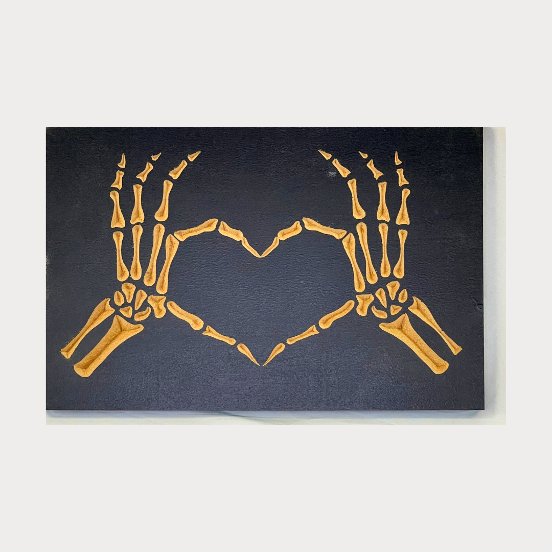 Skeleton Hands Heart Carved Wooden Halloween Decoration